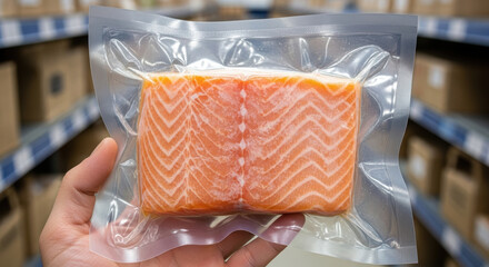 Vacuum sealed fresh salmon fillet held in hand at warehouse storage aisle, showcasing quality packaged seafood product ready for distribution and modern food supply chain logistics