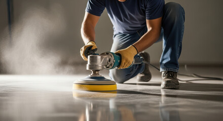 Worker polishing concrete floor with power grinder in industrial interior, closeup of hands in protective gloves cleaning surface with machine and creating smooth reflective finish