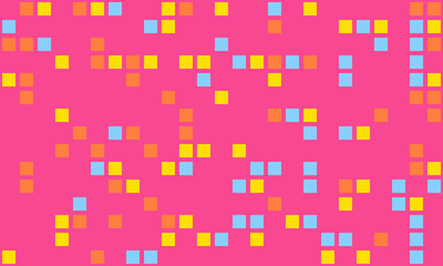 Vibrant abstract background featuring a playful scattering of small, colorful squares on a bold pink backdrop.
