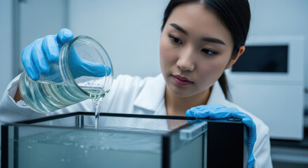 Calm focused female scientist carefully pouring transparent liquid into glass tank in modern laboratory, conducting precise chemical experiment with protective gloves and concentrated attention