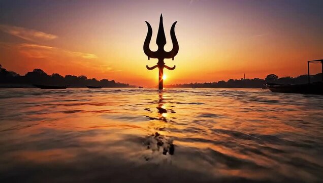 Lord Shiva Mahadev Trishul Silhouette at Sunset Spiritual India