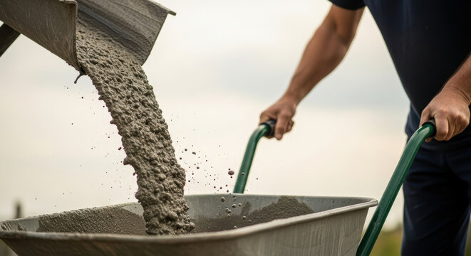 Construction worker handling fresh wet concrete mix poured into wheelbarrow during building foundation work on outdoor job site