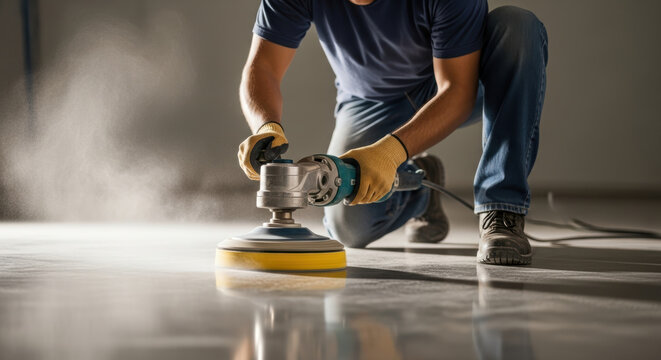 Worker polishing concrete floor with power grinder in industrial interior, closeup of hands in protective gloves cleaning surface with machine and creating smooth reflective finish - Powered by Adobe