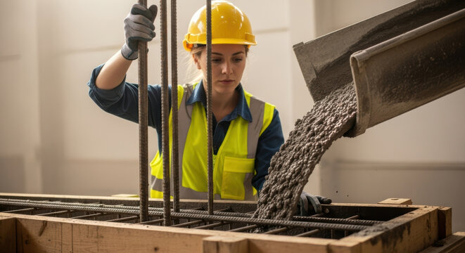 Focused young construction worker guiding steel rebar and wet concrete into wooden formwork at building site, wearing yellow safety helmet, vest and protective gloves