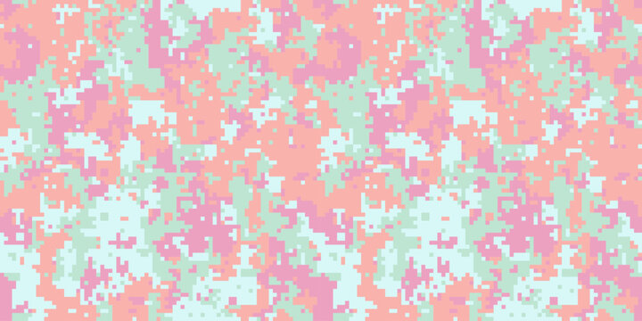 Abstract pastel pixel camo pattern.  Soft pink, peach, and mint green create a unique, playful digital camouflage design. Ideal for fashion, textiles, website backgrounds, and more.