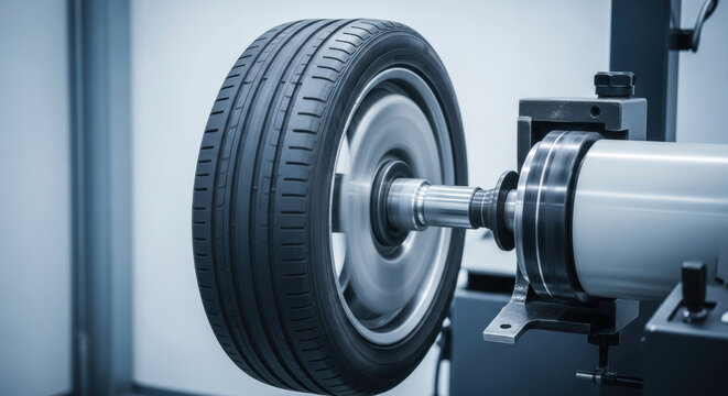 Rotating car tire undergoing precision dynamic balancing on modern automotive testing machine in professional workshop closeup, detailed view of tread pattern and metal shaft