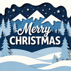 Merry christmas winter landscape with snowy pine trees and mountain night sky holiday greeting scene