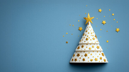 Minimalist White Christmas Tree Formed by Ribbon with Gold Stars and Glitter on Blue Textured
