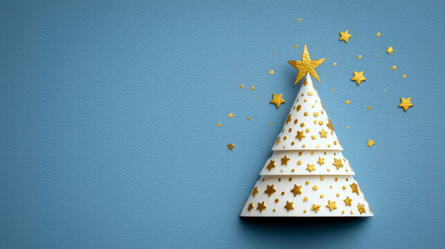 Minimalist White Christmas Tree Formed by Ribbon with Gold Stars and Glitter on Blue Textured - Powered by Adobe