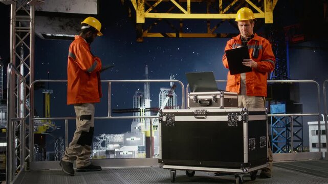 Pensive focused environmental officer on offshore drilling platform writing carbon footprint data on a clipboard, ensuring compliance and efficient petroleum extraction at sea. Camera A.
