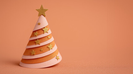Minimalist Christmas Tree Composed Of Pink Layered Ribbons with Golden Glitter Stars on Peach
