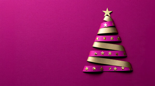Modern pink and gold Christmas tree with star, festive ribbon design, joyful and stylish holiday greeting on vibrant magenta background