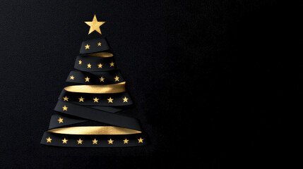 Minimalist Christmas Tree Ribbon Shape with Golden Star on Black Glitter