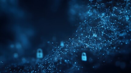 A digitally rendered abstract with lock icons and interconnected dots evoking cybersecurity. Blue, digital, secure, and network connections are key.
