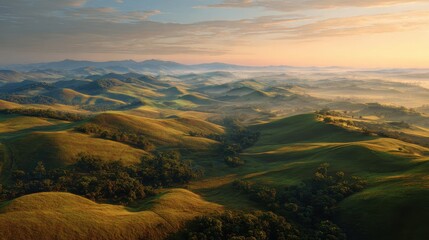 Aerial View of Undulating Golden Hills at Sunrise, Misty Valleys and Vibrant Sky.
