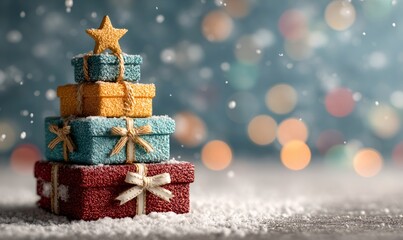 Stacked gift boxes creating a christmas tree shape with a star, standing in snow with bokeh lights background