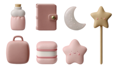 Soft Pastel 3D Fantasy Items with Cute Magical Style on Transparent Background