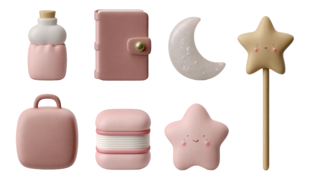 Soft Pastel 3D Fantasy Items with Cute Magical Style on Transparent Background