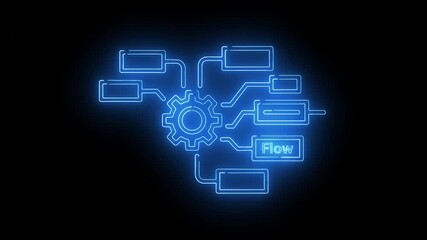Gear-based workflow mapping with multiple branches, tasks blocks and flow routing in glowing neon interface