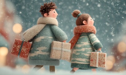 Cartoon couple carrying wrapped gifts, walking together in falling snow. Celebrating christmas and new year with festive shopping