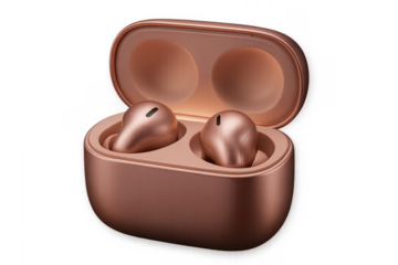 Rose gold wireless earbuds in charging case with transparent background