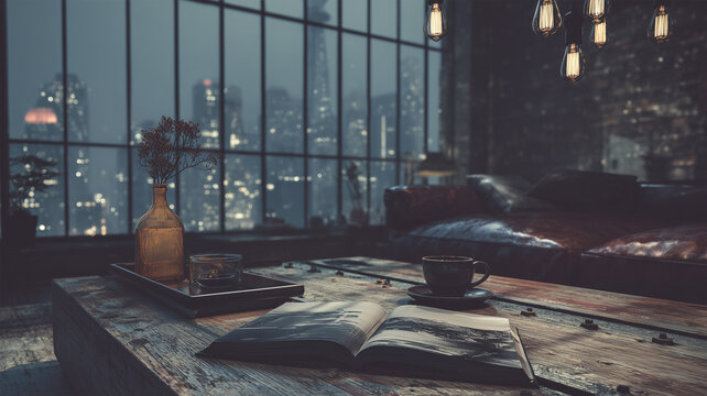 夜のロフト空間で開いた本とエジソン球が灯る情景 - Powered by Adobe