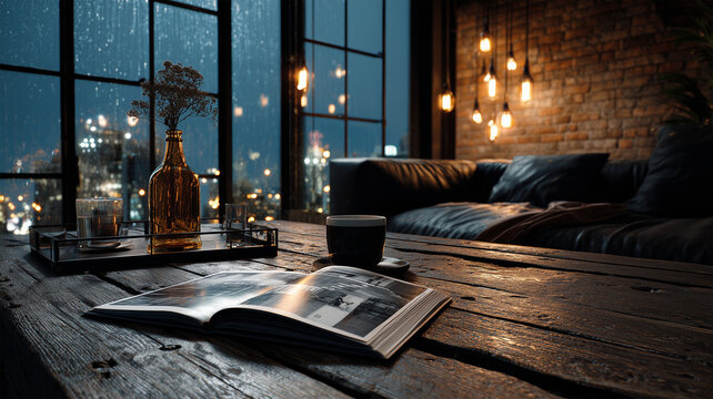 エジソン電球の明かりに照らされたロフトのテーブルと開いた本の夜景