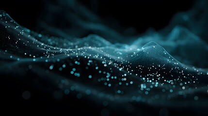 Abstract digital landscape of teal geometric mesh and bokeh lights suggesting innovation, connectivity, and futuristic technology visuals.