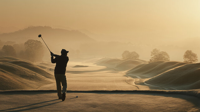 濃い霧に包まれたフェアウェイでクラブを振る男性のシルエット
