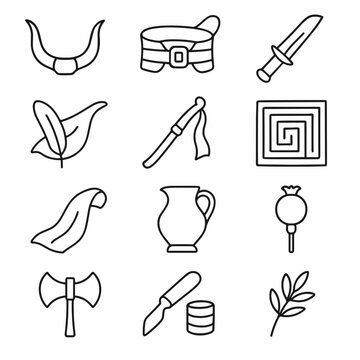 Ancient Minoan and Greek Line Art Icons: Labrys Axe, Bull Horns, Poppy Flower, Olive Branch, Dagger and More