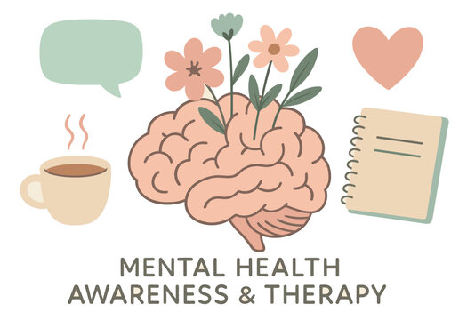 Mental health awareness: therapy, support, self-care, and healing symbols