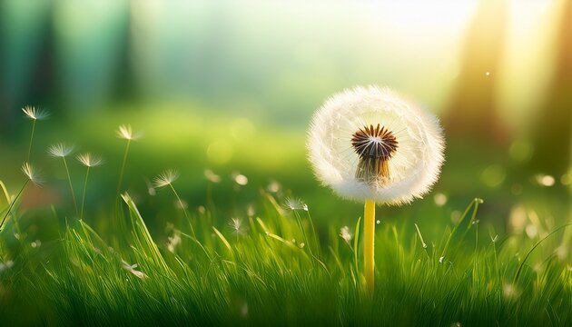 White Dandelion In A Green Grass On A Forest Meadow Macro Image Abstract Nature Background
