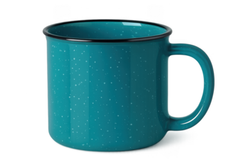 Turquoise speckled enamel mug for camping isolated