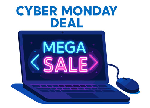 Cyber monday mega sale advertisement with laptop featuring neon graphics