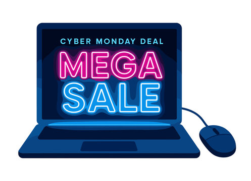 Cyber monday mega sale neon sign on laptop screen with mouse