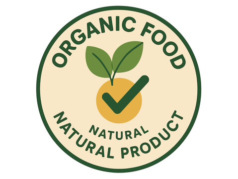 Organic food seal with natural product certification and leaf checkmark design
