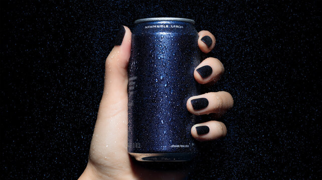 女性が青い飲料缶を手に濃紺の背景を背に見せるビジュアルカット