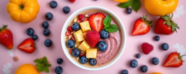 Colorful Yogurt Bowl with Fresh Fruit and Flowers