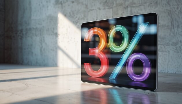Modern digital tablet displaying vibrant colorful discount percentages with gradient background for Cyber Monday promotions - Powered by Adobe