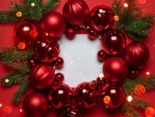 Frame of Christmas red decorations and Christmas tree branch on red background with light and bokeh. Merry Christmas and Happy New Year greeting card. Xmas and Winter holidays. Santa letter, top view