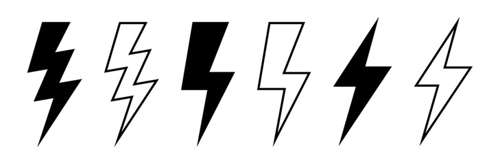 Lightning bolt, flash icons in multiple filled and outline styles, perfect for energy, power, speed, electricity symbols, speed, power, charging, or weather warnings, and modern UI design.
