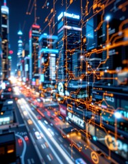 Futuristic Urban Night Scene with Digital Data Network