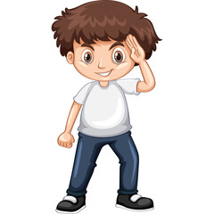 Young boy with brown hair wearing a white t-shirt and blue jeans stands confidently with one hand raised to his forehead against a transparent background a playful expression on his face