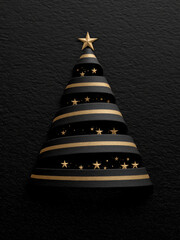 Minimalist Black Christmas Tree Formed by Ribbon with Gold Glitter Accents and Star Topper