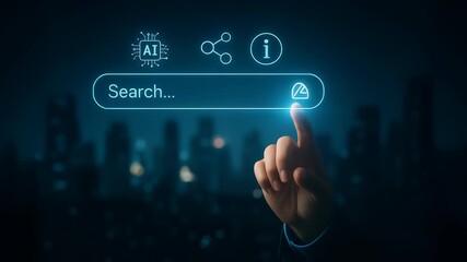 Businessman interacting with AI prompt search bar technology concept digital interface and futuristic search innovation in dark city background - Powered by Adobe