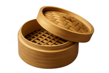 Bamboo steamer basket with lid for Asian cooking, transparent background