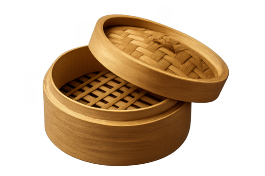 Bamboo steamer basket with lid for Asian cooking, transparent background