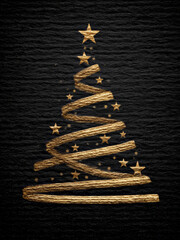 Minimalist Golden Ribbon Christmas Tree With Stars Against Sparkly Black Background