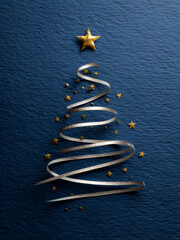 Minimalist Metallic Ribbon Christmas Tree with Gold Star and Ornaments on Textured Blue Background