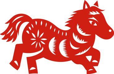 Chinese New Year 2026, the year of the Horse, red and gold line art characters, simple hand-drawn Asian elements with craft (Chinese translation: Happy Chinese New Year 2026, year of the Horse)